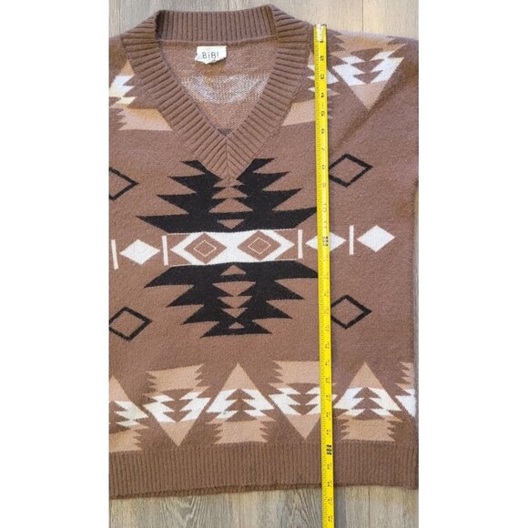 Bibi Womens Size S Brown Aztec Long Sleeve V Neck Sweater - Picture 5 of 7